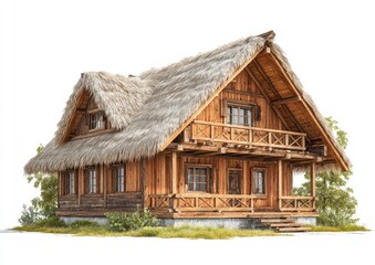 Fototapeta premium Rustic wooden house with thatched roof