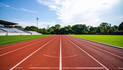Running Track and Field: An empty running track stretches ahead, its vibrant red surface a testament to athletic endeavor, set against a backdrop of green grass and a bright, expansive sky.