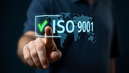 Person touching digital certification mark on world map standard business