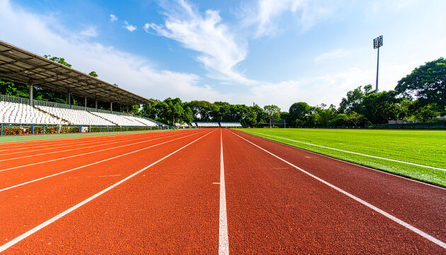 Running Track Amidst the Greens: Captivating perspective of a track and field, where the red racing lanes stretch towards the horizon, inviting the viewer to the world of sportsmanship.