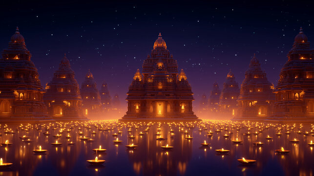 Diwali Celebration Illustration, temples illuminated with hundreds of diyas at night