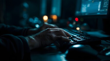 Close-up view of hands typing on a keyboard in a dark room.