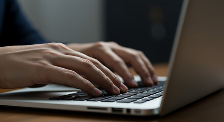 Professional hands typing on a laptop keyboard, representing modern business communication and remote work.