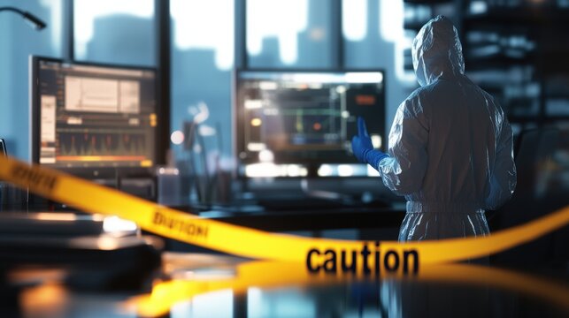 A forensic investigator in protective gear examines computer data at a crime scene secured with caution tape.