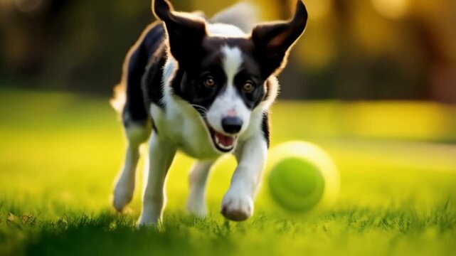 Border collie running towards a tennis ball on a sunny green lawn with trees in the background animal video