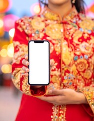 Woman in red festive attire displays a blank smartphone screen against a bokeh background