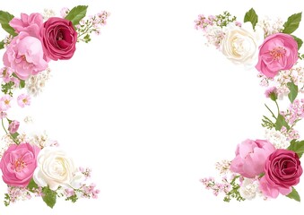 Elegant Floral Border Frame with Pink and White Roses on White Background for Invitations and Greeting Cards