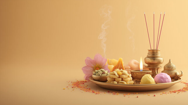 Diwali India Festival, festive thali with sweets, diya, and incense