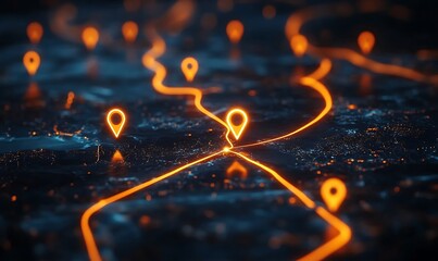 Futuristic Navigation Map with Glowing Location Markers and Digital Route Lines on Dark Background