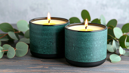 Serene Candlelight: Two candles burn brightly, nestled amidst fresh, green eucalyptus leaves, the soft glow radiating peace and tranquility. 