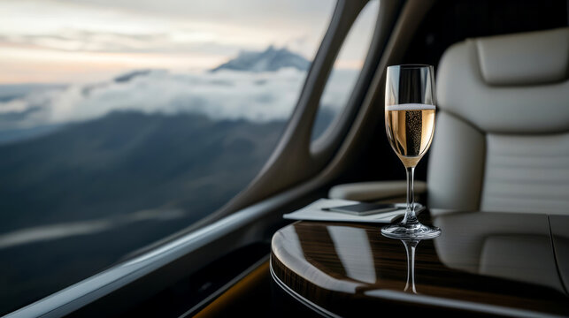 Elegant Champagne Glass on Table Inside Private Jet with Scenic Mountain View