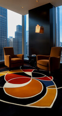 Create a contemporary area rug design for a study room, incorporating vibrant colors, bold geometric patterns, and modern art influences that create an attractive and artistic visual impact.