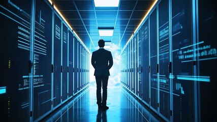 A businessman stands in a futuristic server room, illuminated by glowing displays and cloud imagery - Powered by Adobe