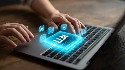 Person typing on laptop with glowing digital interface hands