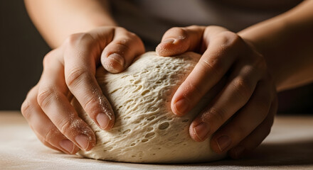 Close-up of hands kneading dough on a wooden surface in a bakery or kitchen setting for baking bread or pizza preparation with focus on manual craftsmanship and culinary skills
