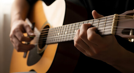 Obraz premium Close-up of a person playing an acoustic guitar with focus on hands and fretboard for music practice or performance in a cozy setting
