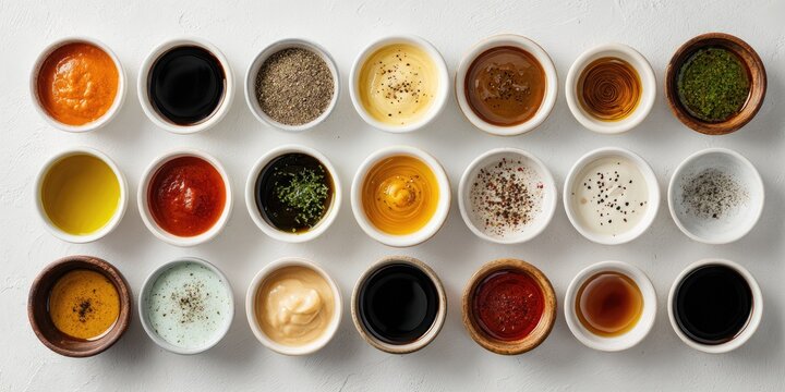 Assorted small dishes of various sauces and dressings