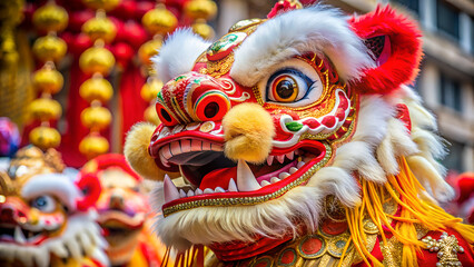 Vibrant close up of a traditional chinese dragon dance costume head with intricate details and colorful decorations during a festive celebration outdoors