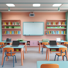 Colorful Modern Classroom with Laptops and Bookshelves for Young Students