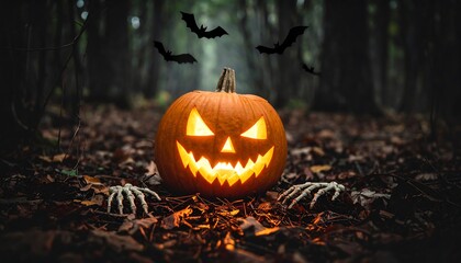Illuminated jack-o'-lantern in a spooky forest setting with skeletal arms