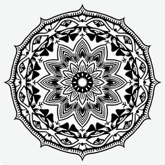A beautiful and intricate black and white floral mandala, a symmetrical and meditative spiritual symbol perfect for coloring books, yoga studios, or decorative art.
