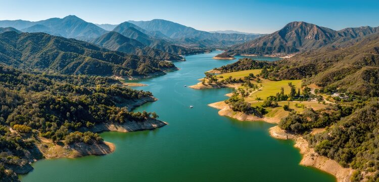Panoramic view of a reservoir nestled in a valley, surrounded by mountains and lush vegetation.  A small boat is visible on the water
