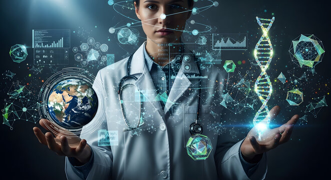 A smiling doctor holding a glowing globe and a DNA structure, representing medical advancements. - Powered by Adobe