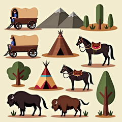Fototapeta premium A charming flat design icon set of the American Wild West, featuring a teepee, covered wagon, horse, bison, and desert plants for historical and cultural themes. 