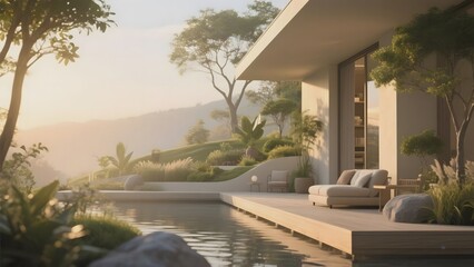 Modern Villa with Outdoor Seating and Pool Overlooking a Scenic Landscape