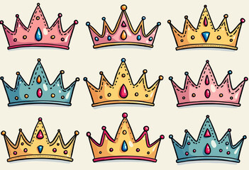 A charming collection of hand-drawn doodle-style crowns and tiaras with colorful gems, a perfect set for creating whimsical fairytale and princess-themed designs.
