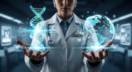 A doctor in a futuristic lab holds glowing holographic projections of a DNA helix and a digital Earth.