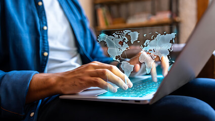 Person using laptop with glowing world map projection technology global