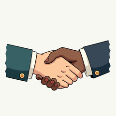 A symbolic cartoon illustration of a firm interracial handshake, representing a strong business partnership built on diversity, trust, respect, and collaboration.
