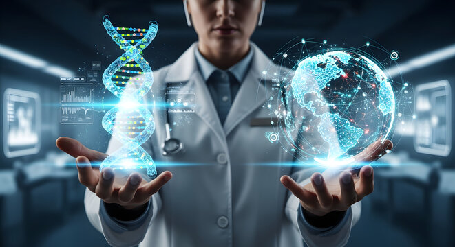 A doctor in a futuristic lab holds glowing holographic projections of a DNA helix and a digital Earth. - Powered by Adobe