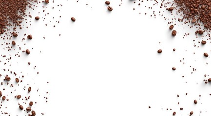 Coffee beans and grounds scattered around a white background