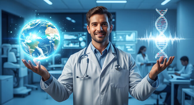 A smiling doctor presents a glowing Earth globe and DNA strand in a modern laboratory setting, with colleagues working in the background.