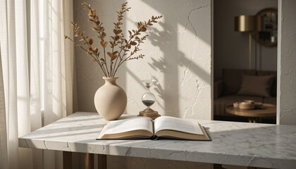 Sunlight illuminates an open book on a marble table beside a vase with dried branches and an hourglass.