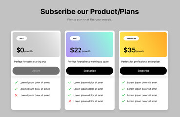 Three Price Table Layouts with Colorful Accents. user interface