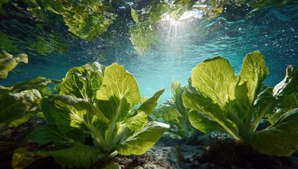 Underwater kelp forest, vibrant greens, sunlight beams through clear water