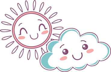 Cute smiling sun and cloud cartoon characters vector