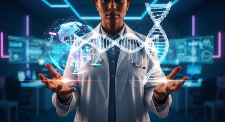 A scientist in a futuristic laboratory holds glowing holographic projections of a DNA helix and planet Earth.