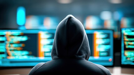 A hooded figure faces multiple digital screens displaying code, symbolizing cybersecurity, hacking, or programming activities in a dark, tech-focused environment.