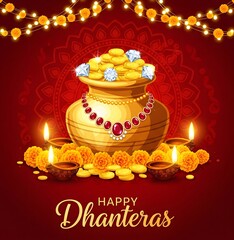 Golden pot overflowing with coins and jewels adorned with flowers and lit diyas for dhanteras celebration