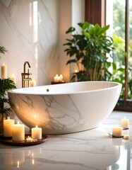 Luxurious bathroom with freestanding tub, marble accents, and candles