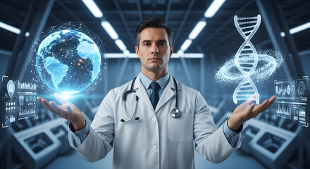 A doctor in a lab coat holds a glowing DNA strand in one hand and a holographic Earth in the other, surrounded by digital network effects.