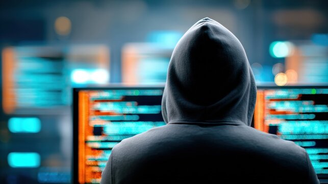 A hooded figure in front of multiple computer screens displays colorful code, symbolizing hacking or cybersecurity activities in a dark, tech-focused environment.