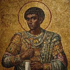 Fototapeta premium An Exquisite Mosaic Depiction of a Regal Personage in Armor Showcasing Intricate Detail and Timeless Elegance