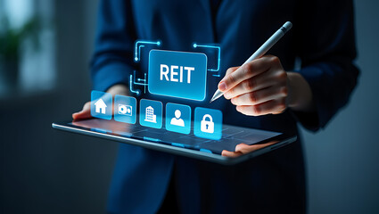 Person using tablet with real estate investment icons stylus