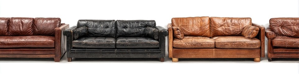 Row of three leather sofas and two armchairs in various colors