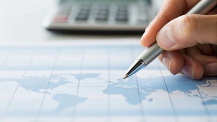 A hand holds a pen over a world map while a calculator is visible in the background, suggesting analysis or planning activities.